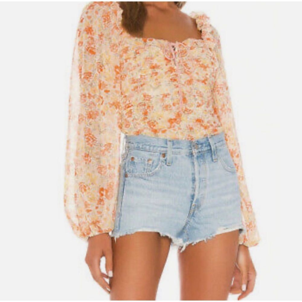Free People Mabel spring combo floral long puff sleeves smocked lace-up blouse
